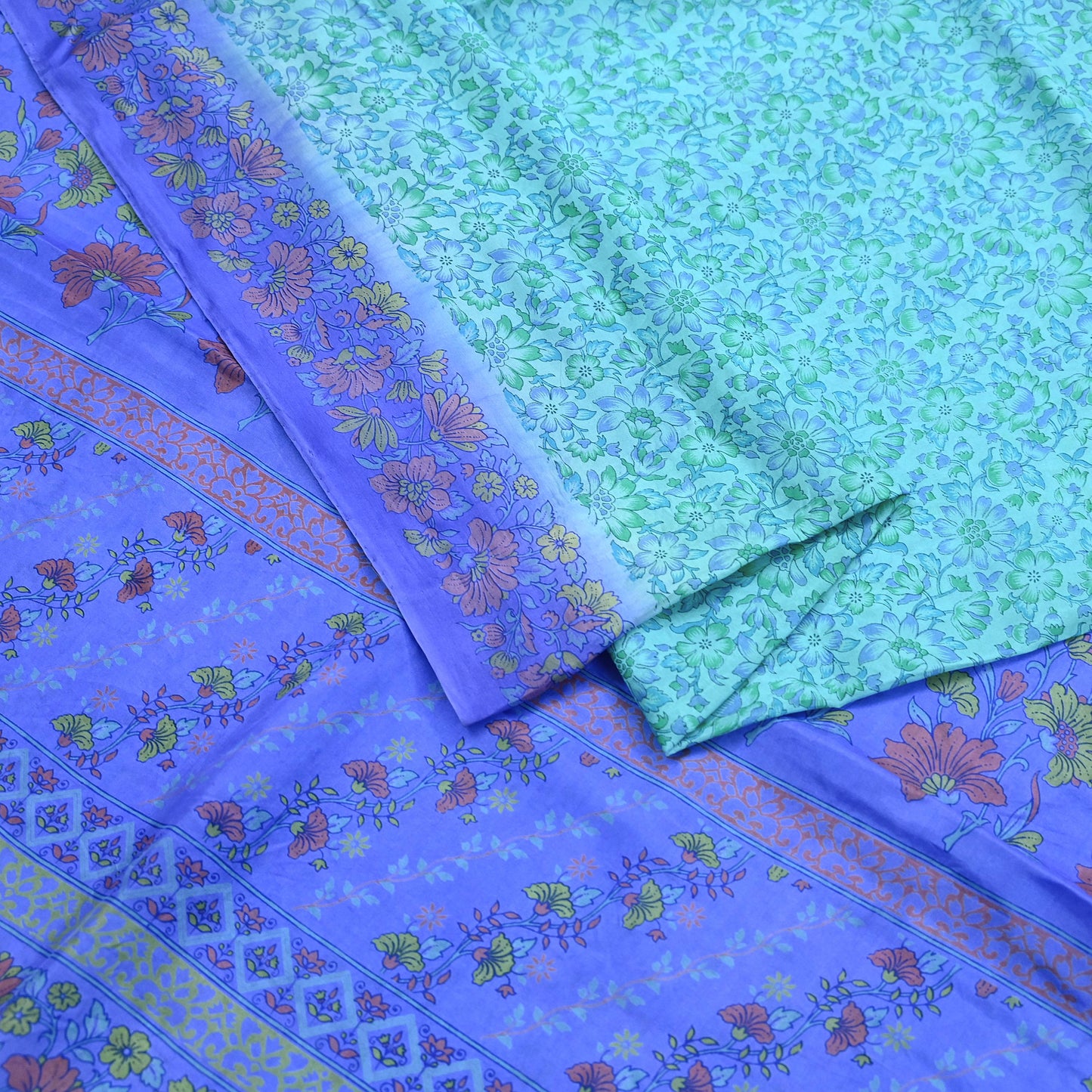 Indian Vintage Sari Green & Purple 100% Pure Silk Printed Sarees 5yd Craft Fabric Sewing Soft Dress Making Floral Quilting Crafting Upcycle