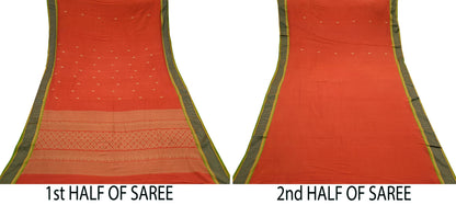 Indian Vintage Sari Orange Pure Cotton Hand Woven Sarees Craft Fabric 5-yards Ethnic Crafting Quilting Dress Making Quilting Upcycle