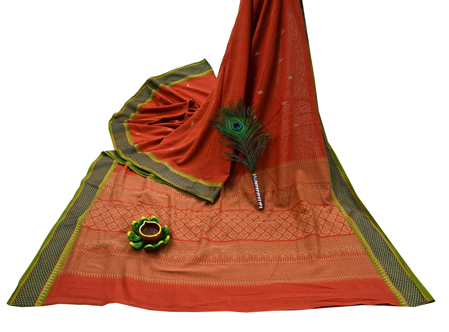 Indian Vintage Sari Orange Pure Cotton Hand Woven Sarees Craft Fabric 5-yards Ethnic Crafting Quilting Dress Making Quilting Upcycle