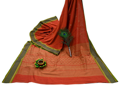 Indian Vintage Sari Orange Pure Cotton Hand Woven Sarees Craft Fabric 5-yards Ethnic Crafting Quilting Dress Making Quilting Upcycle