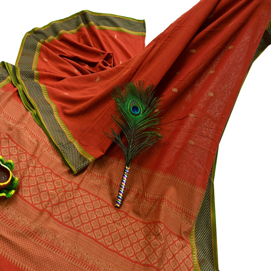 Indian Vintage Sari Orange Pure Cotton Hand Woven Sarees Craft Fabric 5-yards Ethnic Crafting Quilting Dress Making Quilting Upcycle