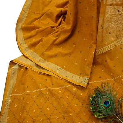Indian Vintage Sari Mustard Pure Cotton Hand Woven Sarees Craft Fabric 5yd Ethnic Crafting Quilting Dress Making Quilting Upcycle