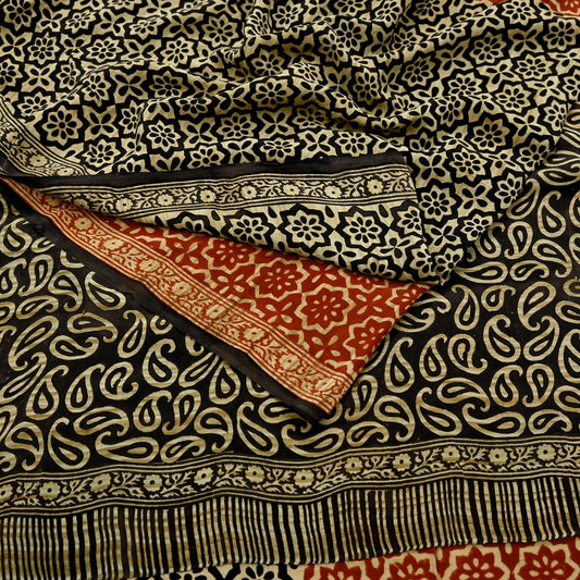 Indian Vintage Sari Brown & Orange Pure Crepe Silk Block Printed Sarees 5yd Sewing Soft Craft Fabric Wrap Dress making Crafting Quilting