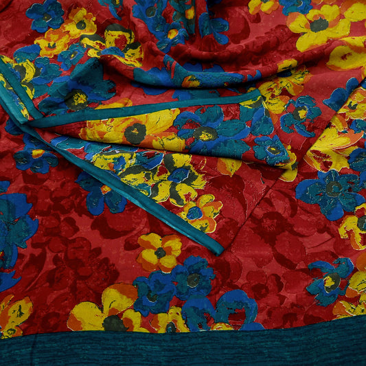 Indian Vintage Sari Red Pure Crepe Silk Printed Sarees 5yd Sewing Floral Soft Craft Fabric Wrap Dress making Crafting Quilting