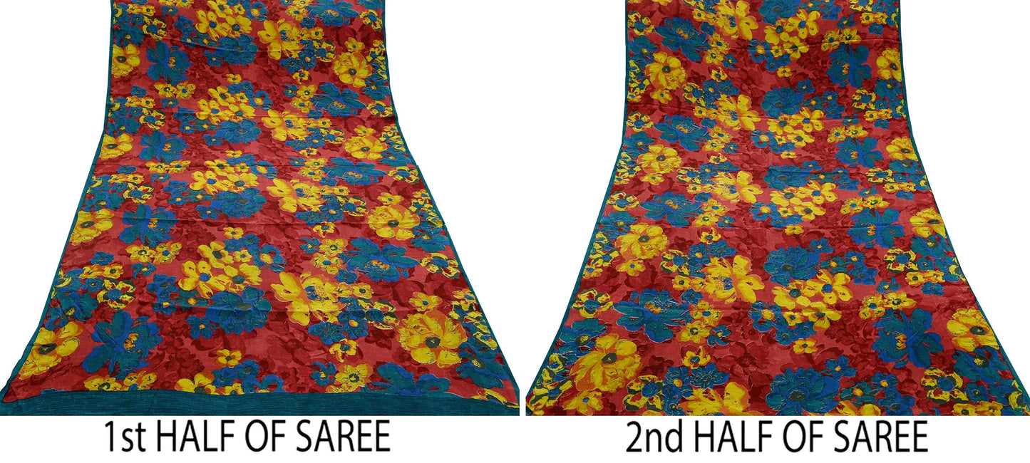 Indian Vintage Sari Red Pure Crepe Silk Printed Sarees 5yd Sewing Floral Soft Craft Fabric Wrap Dress making Crafting Quilting