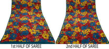 Indian Vintage Sari Red Pure Crepe Silk Printed Sarees 5yd Sewing Floral Soft Craft Fabric Wrap Dress making Crafting Quilting