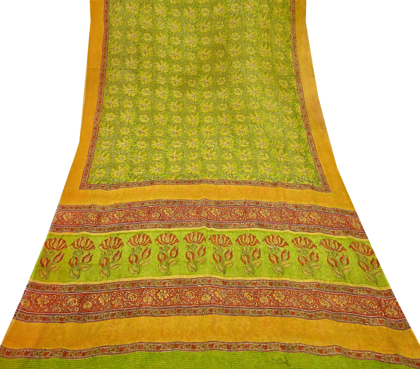Vintage Sari Green 100% Pure Chiffon Silk Block Printed Sarees Sewing 5yd Craft Fabric Soft Dress Designing for Crafting Floral