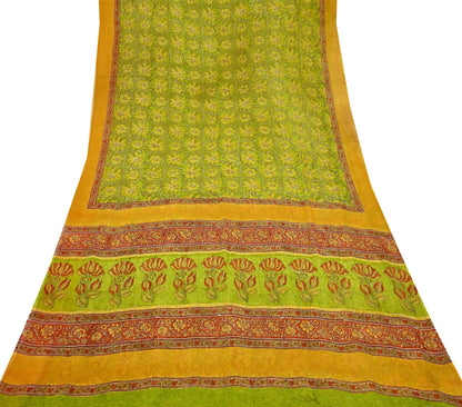Vintage Sari Green 100% Pure Chiffon Silk Block Printed Sarees Sewing 5yd Craft Fabric Soft Dress Designing for Crafting Floral