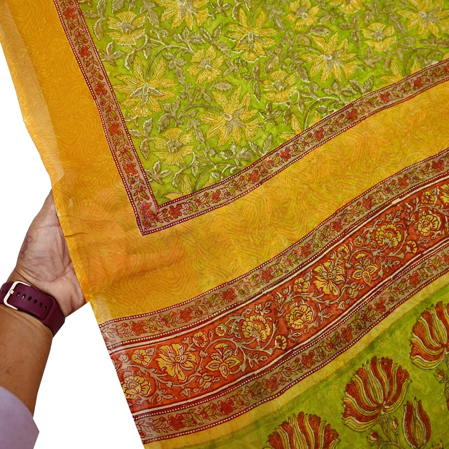 Vintage Sari Green 100% Pure Chiffon Silk Block Printed Sarees Sewing 5yd Craft Fabric Soft Dress Designing for Crafting Floral