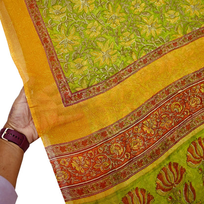 Vintage Sari Green 100% Pure Chiffon Silk Block Printed Sarees Sewing 5yd Craft Fabric Soft Dress Designing for Crafting Floral