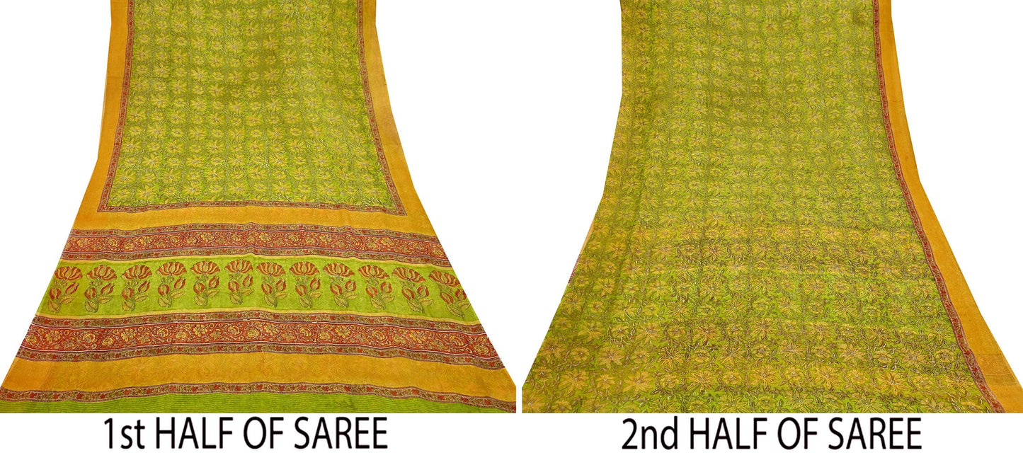 Vintage Sari Green 100% Pure Chiffon Silk Block Printed Sarees Sewing 5yd Craft Fabric Soft Dress Designing for Crafting Floral