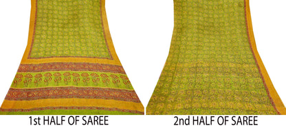 Vintage Sari Green 100% Pure Chiffon Silk Block Printed Sarees Sewing 5yd Craft Fabric Soft Dress Designing for Crafting Floral