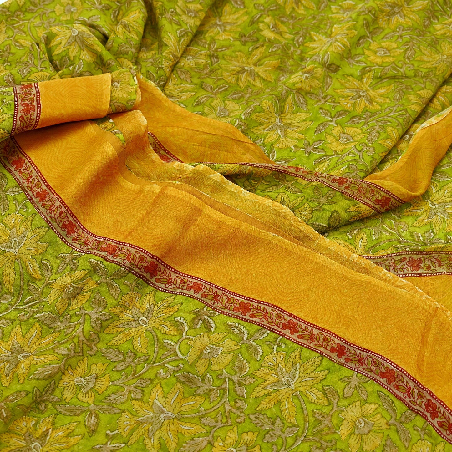 Vintage Sari Green 100% Pure Chiffon Silk Block Printed Sarees Sewing 5yd Craft Fabric Soft Dress Designing for Crafting Floral