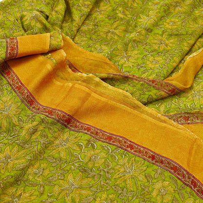 Vintage Sari Green 100% Pure Chiffon Silk Block Printed Sarees Sewing 5yd Craft Fabric Soft Dress Designing for Crafting Floral