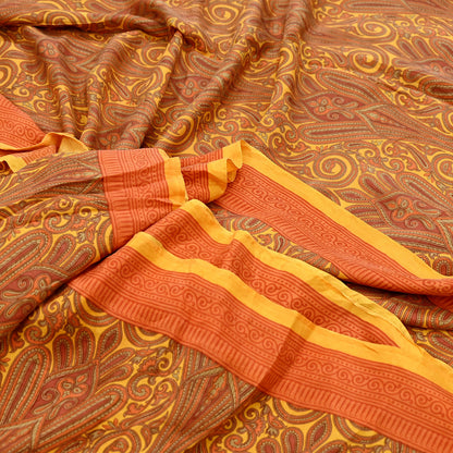 Indian Vintage Sari Orange  & Yellow 100% Pure Silk Printed Sarees 5yd Craft Fabric Sewing Soft Dress Making Quilting Crafting Upcycle