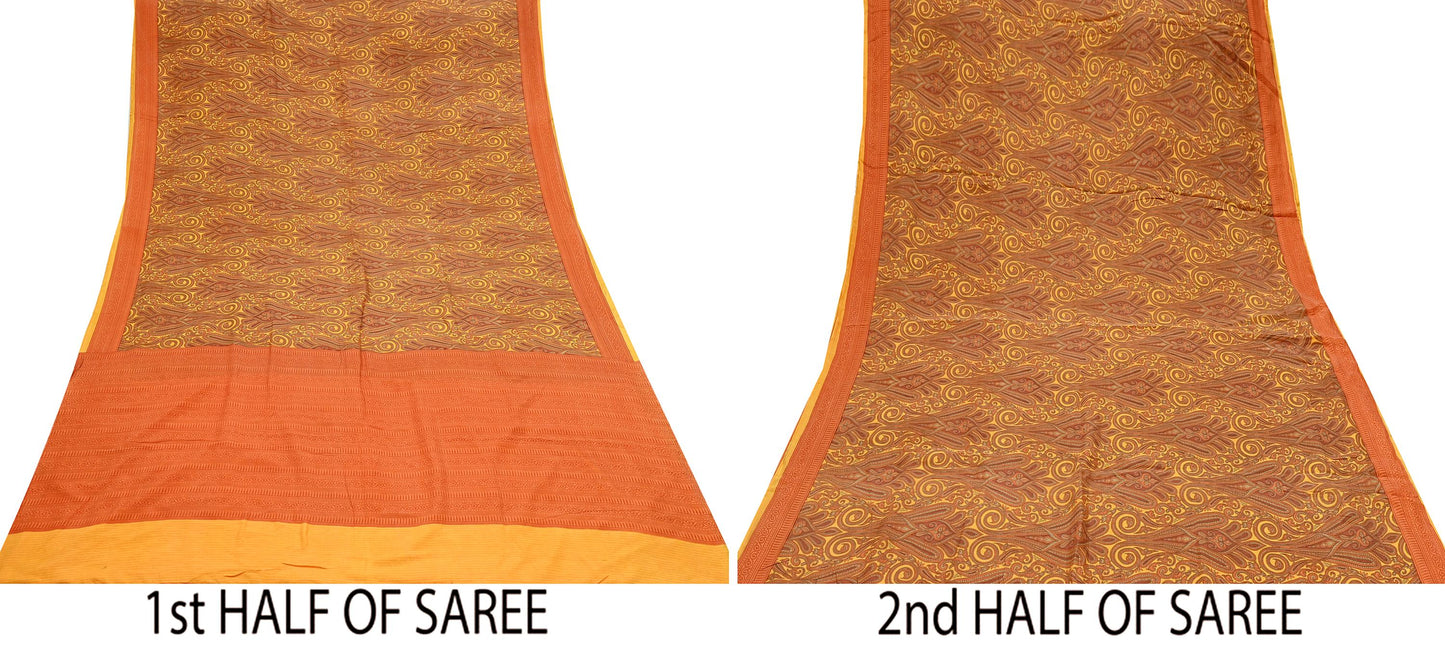 Indian Vintage Sari Orange  & Yellow 100% Pure Silk Printed Sarees 5yd Craft Fabric Sewing Soft Dress Making Quilting Crafting Upcycle