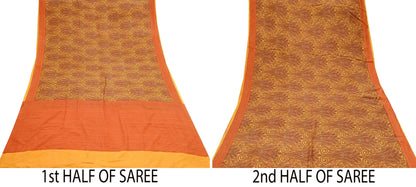 Indian Vintage Sari Orange  & Yellow 100% Pure Silk Printed Sarees 5yd Craft Fabric Sewing Soft Dress Making Quilting Crafting Upcycle