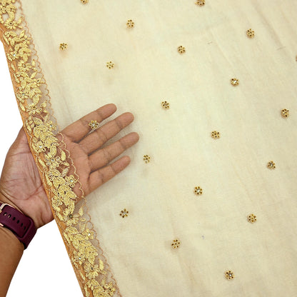 Indian Vintage Beige Dupatta Net Mesh Long Stole Hand Embroidered Scarves Golden Zardozi Zari Sequins Stole