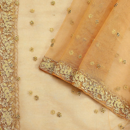 Indian Vintage Beige Dupatta Net Mesh Long Stole Hand Embroidered Scarves Golden Zardozi Zari Sequins Stole