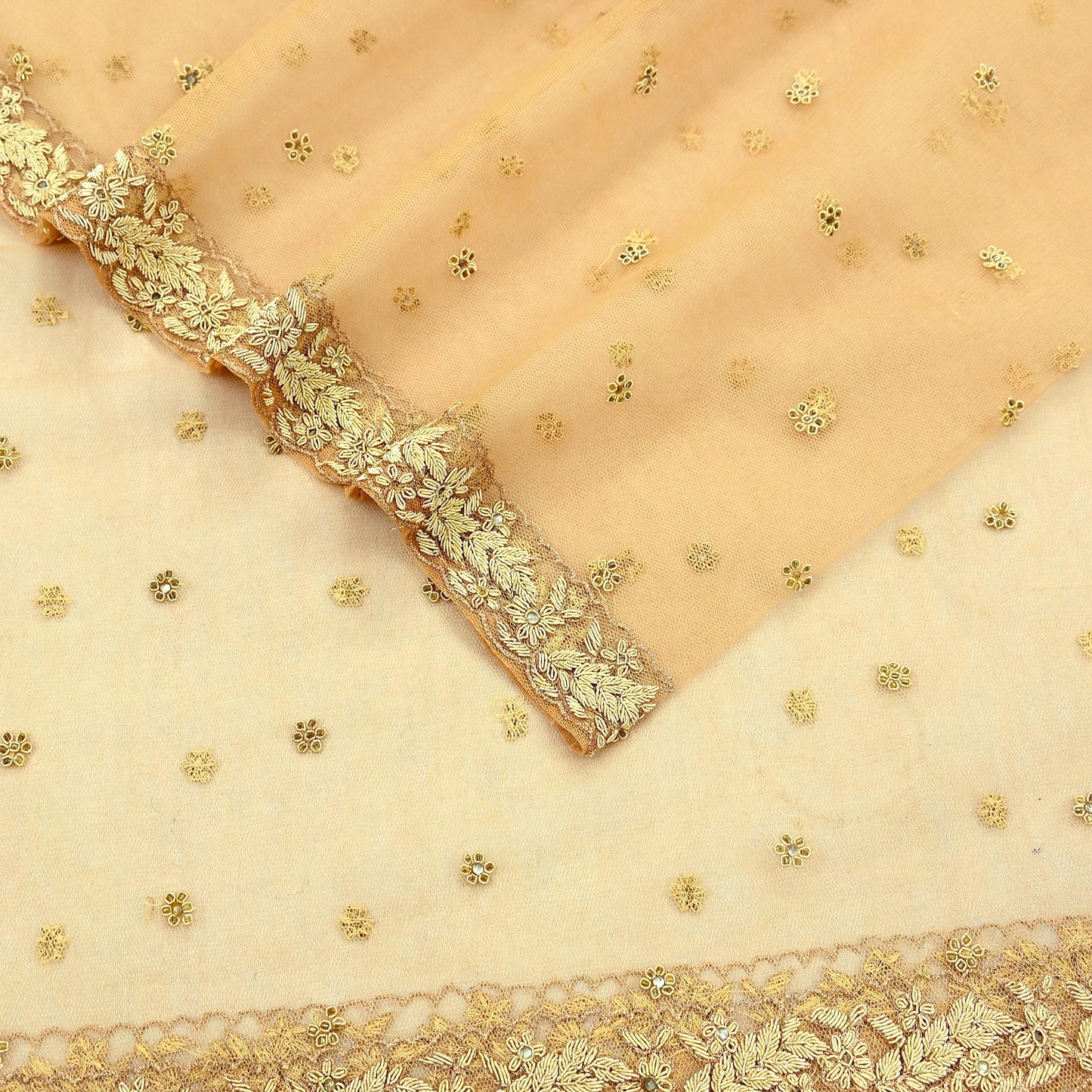 Indian Vintage Beige Dupatta Net Mesh Long Stole Hand Embroidered Scarves Golden Zardozi Zari Sequins Stole