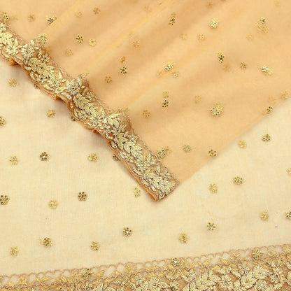 Indian Vintage Beige Dupatta Net Mesh Long Stole Hand Embroidered Scarves Golden Zardozi Zari Sequins Stole