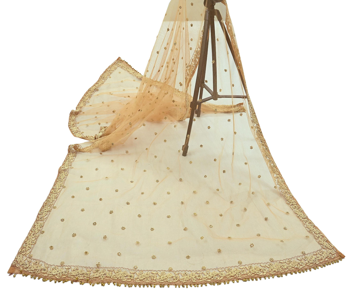 Indian Vintage Beige Dupatta Net Mesh Long Stole Hand Embroidered Scarves Golden Zardozi Zari Sequins Stole