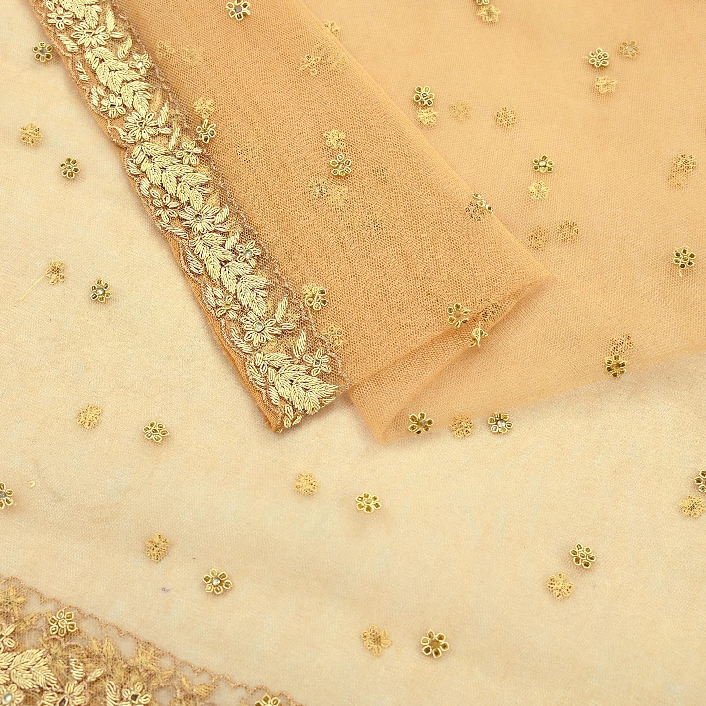 Indian Vintage Beige Dupatta Net Mesh Long Stole Hand Embroidered Scarves Golden Zardozi Zari Sequins Stole