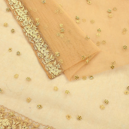 Indian Vintage Beige Dupatta Net Mesh Long Stole Hand Embroidered Scarves Golden Zardozi Zari Sequins Stole