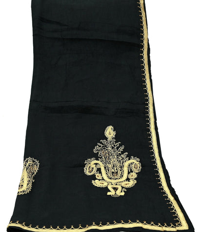 Indian Vintage Black Dupatta Long Stole Pure Silk Hand Embroidered Scarves Veil Scarf Wrap Hippie Boho