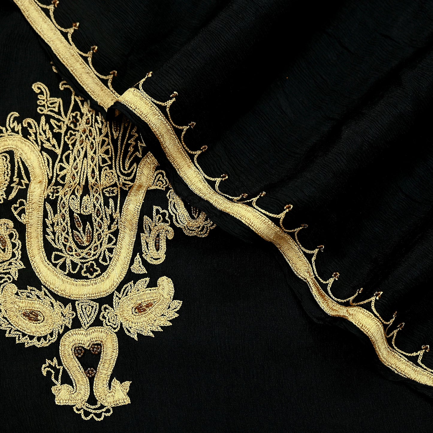 Indian Vintage Black Dupatta Long Stole Pure Silk Hand Embroidered Scarves Veil Scarf Wrap Hippie Boho