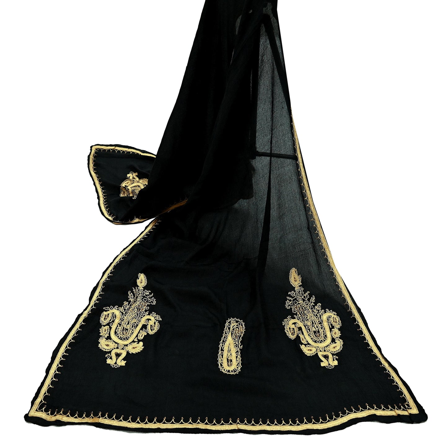 Indian Vintage Black Dupatta Long Stole Pure Silk Hand Embroidered Scarves Veil Scarf Wrap Hippie Boho