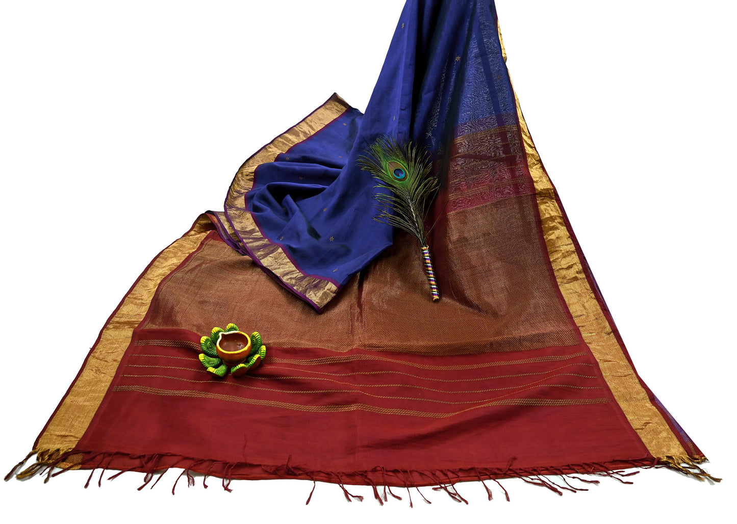 Indian Vintage Blue & Maroon Hand Woven kanjivaram Saree 100% Pure Silk Sari Craft Fabric Zari 5Yard Floral Dress making Crafting Quilting