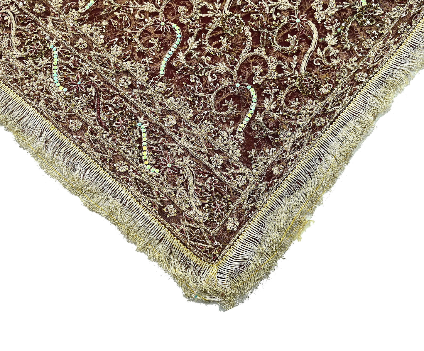 Indian Vintage Heavy Wedding Maroon Dupatta Net Mesh Long Stole Hand Embroidered Scarves Golden Zardozi Zari Sequins Dridal Veil Hijab