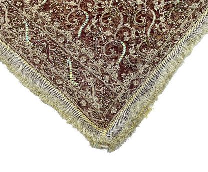 Indian Vintage Heavy Wedding Maroon Dupatta Net Mesh Long Stole Hand Embroidered Scarves Golden Zardozi Zari Sequins Dridal Veil Hijab