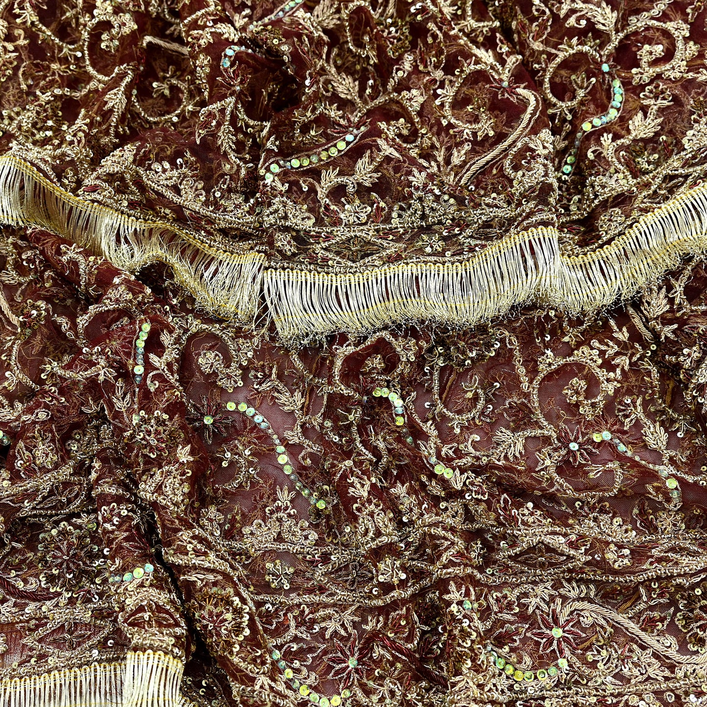 Indian Vintage Heavy Wedding Maroon Dupatta Net Mesh Long Stole Hand Embroidered Scarves Golden Zardozi Zari Sequins Dridal Veil Hijab