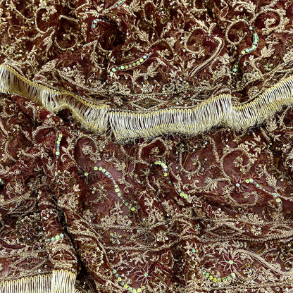 Indian Vintage Heavy Wedding Maroon Dupatta Net Mesh Long Stole Hand Embroidered Scarves Golden Zardozi Zari Sequins Dridal Veil Hijab