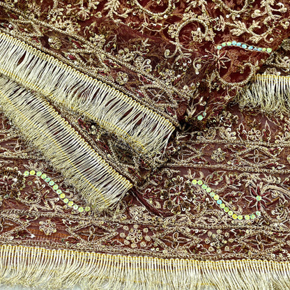 Indian Vintage Heavy Wedding Maroon Dupatta Net Mesh Long Stole Hand Embroidered Scarves Golden Zardozi Zari Sequins Dridal Veil Hijab