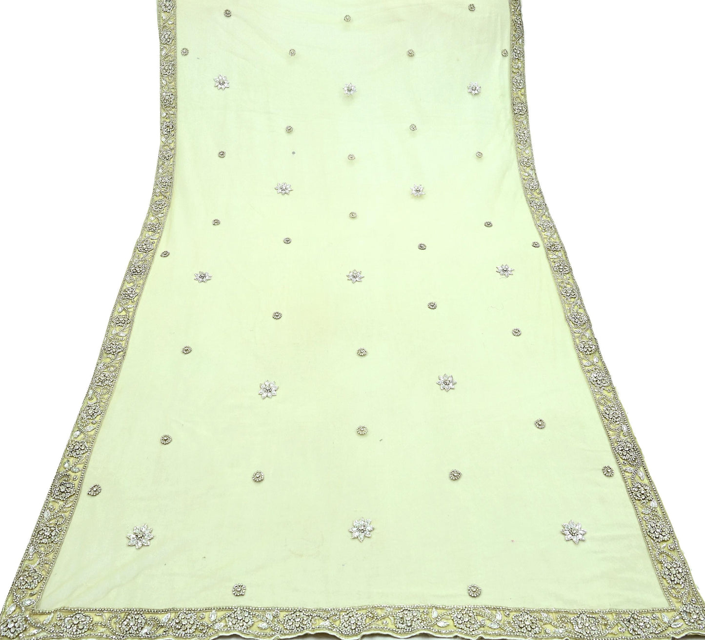 Indian Vintage Heavy Lemon Dupatta Net Mesh Long Stole Hand Embroidered Scarves Silver Zardozi Dabka Zari Stole