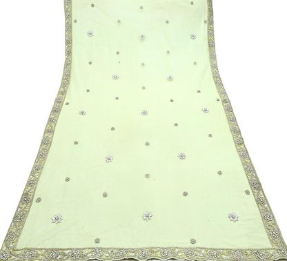 Indian Vintage Heavy Lemon Dupatta Net Mesh Long Stole Hand Embroidered Scarves Silver Zardozi Dabka Zari Stole