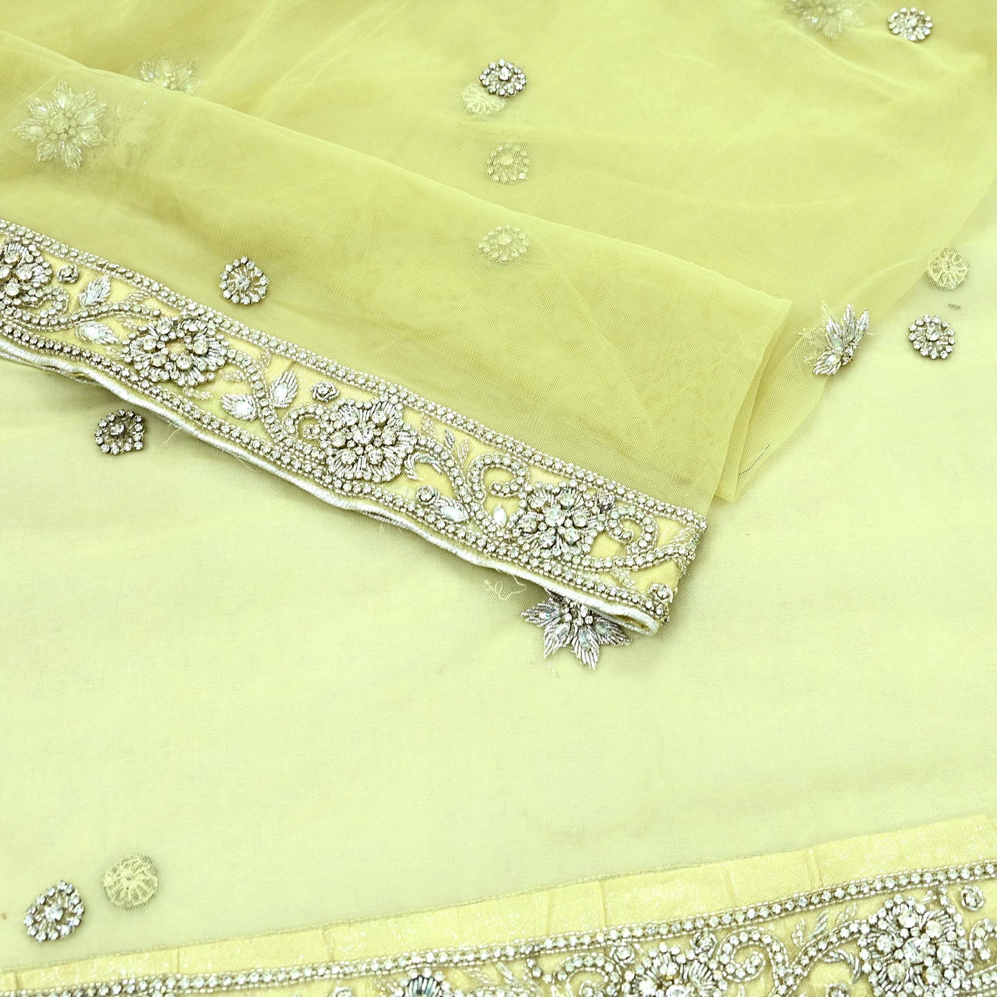 Indian Vintage Heavy Lemon Dupatta Net Mesh Long Stole Hand Embroidered Scarves Silver Zardozi Dabka Zari Stole
