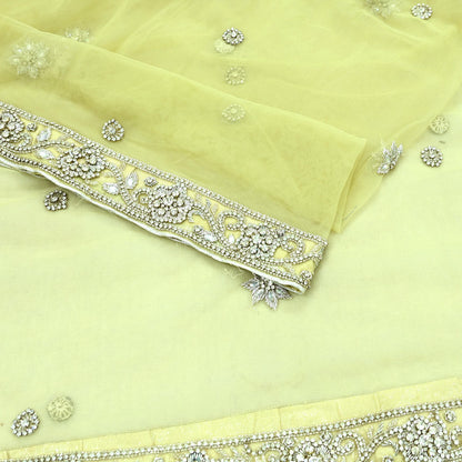 Indian Vintage Heavy Lemon Dupatta Net Mesh Long Stole Hand Embroidered Scarves Silver Zardozi Dabka Zari Stole