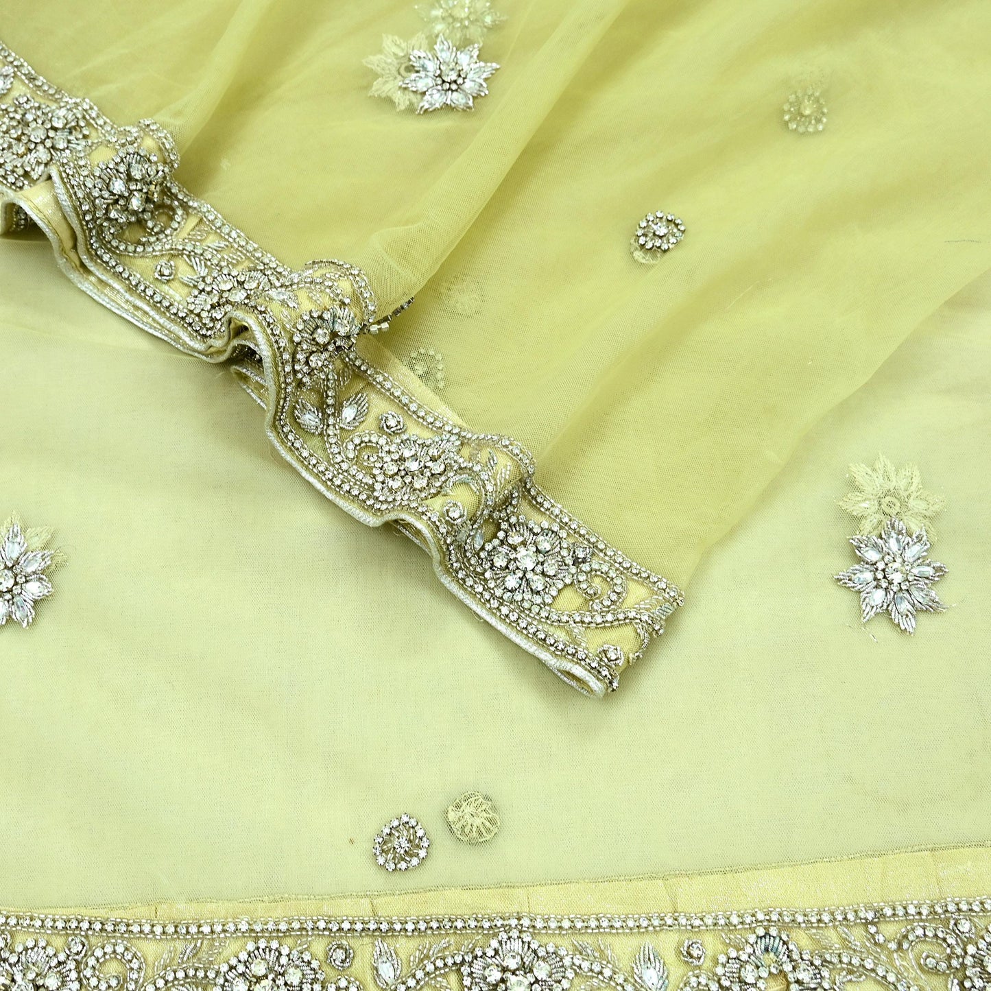 Indian Vintage Heavy Lemon Dupatta Net Mesh Long Stole Hand Embroidered Scarves Silver Zardozi Dabka Zari Stole