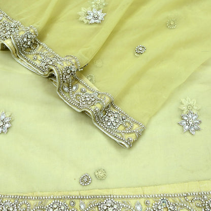 Indian Vintage Heavy Lemon Dupatta Net Mesh Long Stole Hand Embroidered Scarves Silver Zardozi Dabka Zari Stole