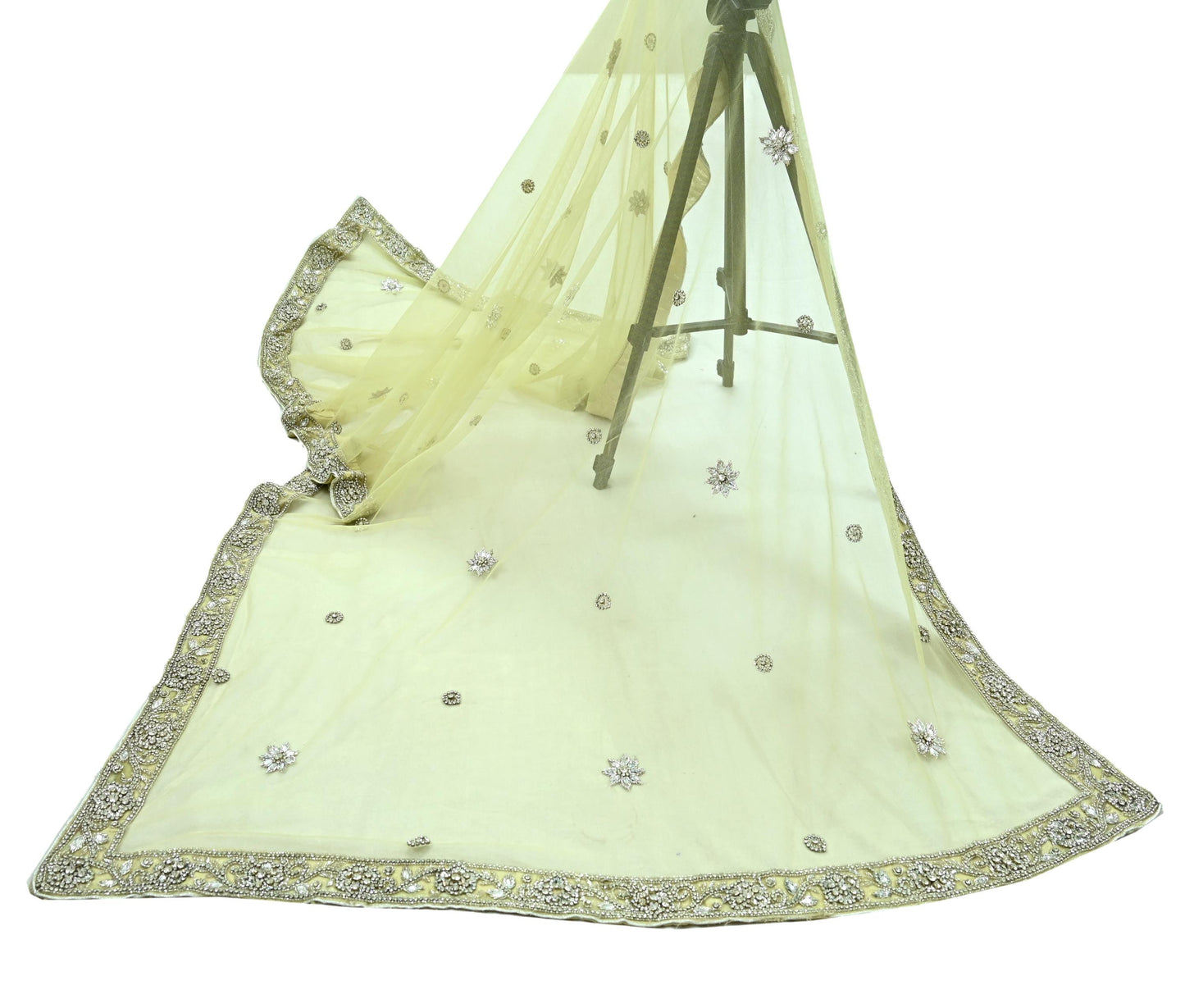 Indian Vintage Heavy Lemon Dupatta Net Mesh Long Stole Hand Embroidered Scarves Silver Zardozi Dabka Zari Stole