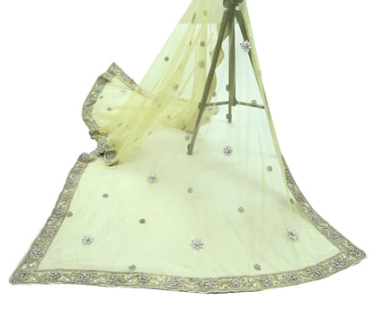 Indian Vintage Heavy Lemon Dupatta Net Mesh Long Stole Hand Embroidered Scarves Silver Zardozi Dabka Zari Stole