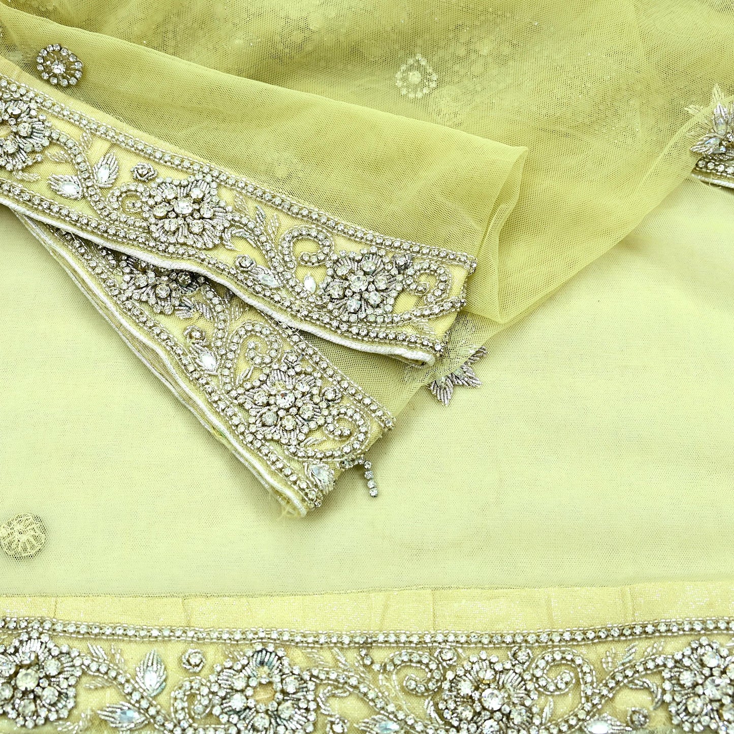 Indian Vintage Heavy Lemon Dupatta Net Mesh Long Stole Hand Embroidered Scarves Silver Zardozi Dabka Zari Stole