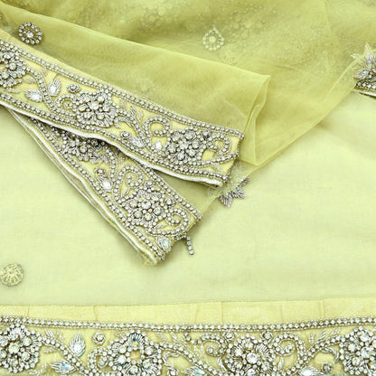 Indian Vintage Heavy Lemon Dupatta Net Mesh Long Stole Hand Embroidered Scarves Silver Zardozi Dabka Zari Stole