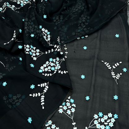 Indian Vintage Sari Black Pure Chiffon Silk Hand Embroidered Sarees Craft Fabric 6Yd Soft Dress Making Sewing Quilting For Crafting