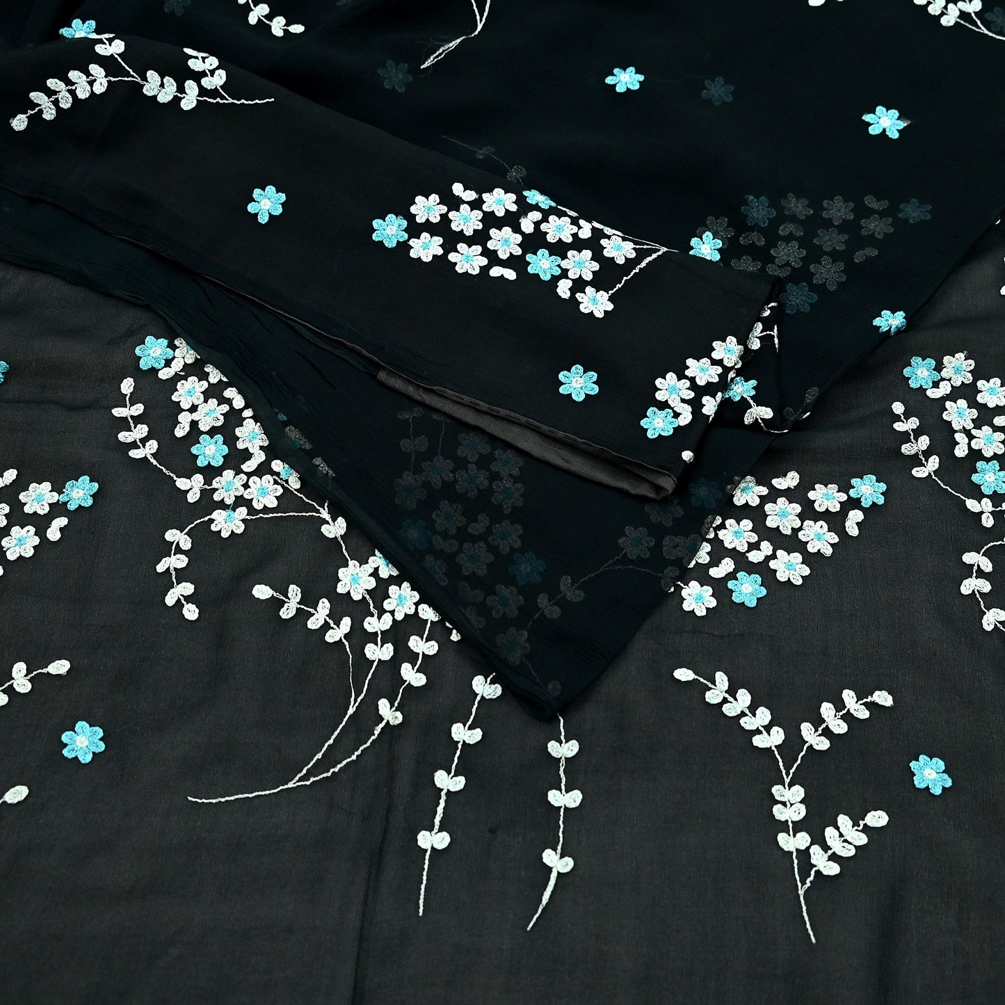 Indian Vintage Sari Black Pure Chiffon Silk Hand Embroidered Sarees Craft Fabric 6Yd Soft Dress Making Sewing Quilting For Crafting