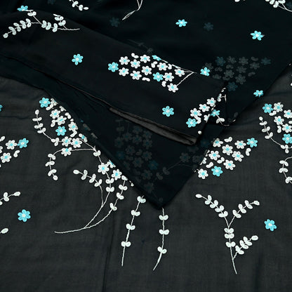 Indian Vintage Sari Black Pure Chiffon Silk Hand Embroidered Sarees Craft Fabric 6Yd Soft Dress Making Sewing Quilting For Crafting